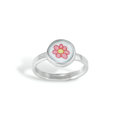 Tiny Pink Flower Stacker Ring - Sterling Silver and Enamel Dainty Daisy Ring