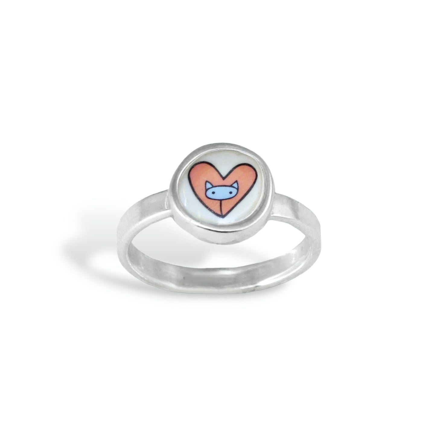 Tiny Little Cat in a Heart Ring - Sterling Silver and Enamel Pink and Blue Stick Kitty Stacker Ring