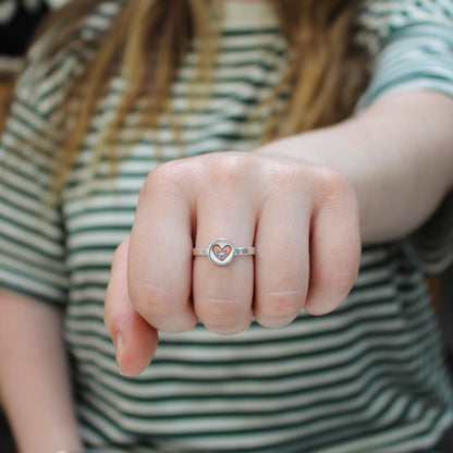 Tiny Little Cat in a Heart Ring - Sterling Silver and Enamel Pink and Blue Stick Kitty Stacker Ring