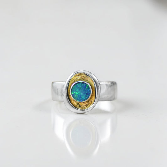 Sterling Silver, 24k Gold and Boulder Opal Ring