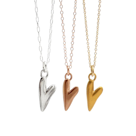 Three heart charm pendant necklaces in silver, rose gold, and yellow gold, hanging against a plain white background.