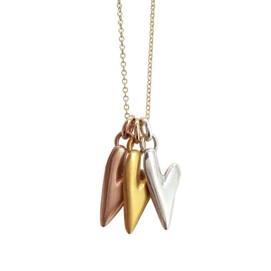 Heart Charm Necklace With Three Hearts - Mixed Metal Heart Pendants
