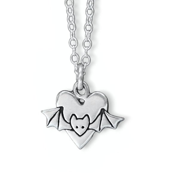Sterling Silver Little Bat and Heart-Shaped Necklace - Bat Charm on Adjustable Chain
