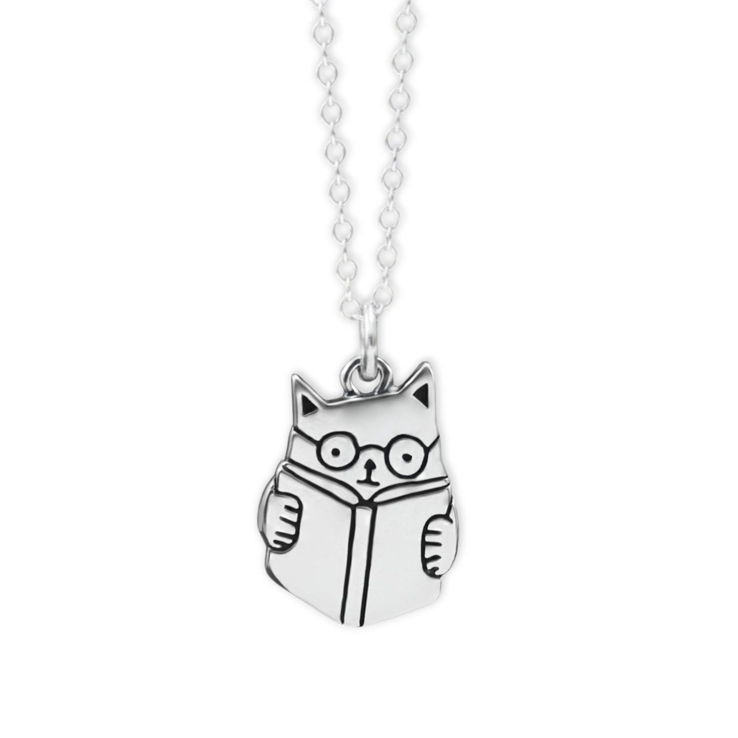 Sterling Silver Book Cat Charm Necklace - Smart Cat Jewelry