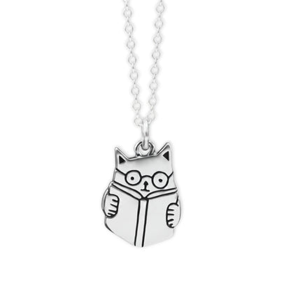 Sterling Silver Book Cat Charm Necklace - Smart Cat Jewelry