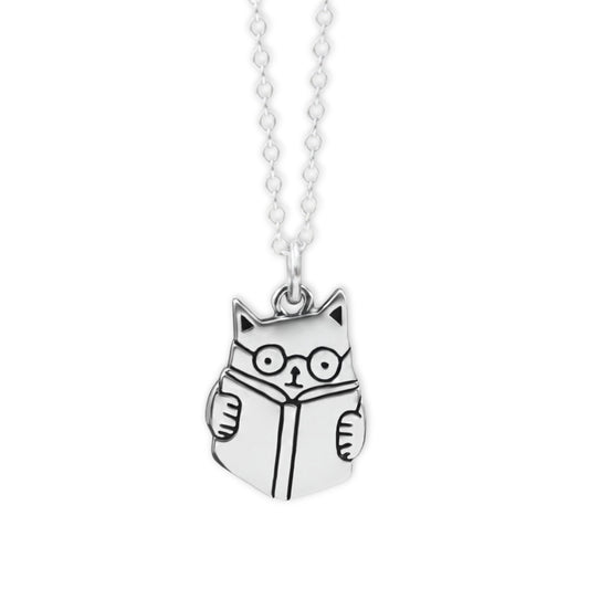 Sterling Silver Book Cat Charm Necklace - Smart Cat Jewelry