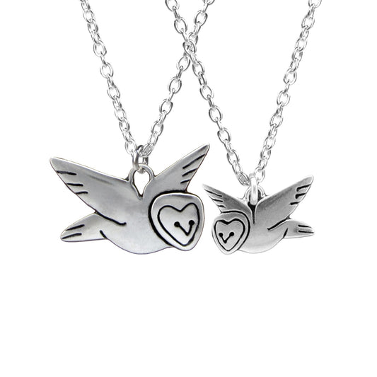 Sterling Silver Mother Daughter Barn Owl Matching Necklace Set for Two People