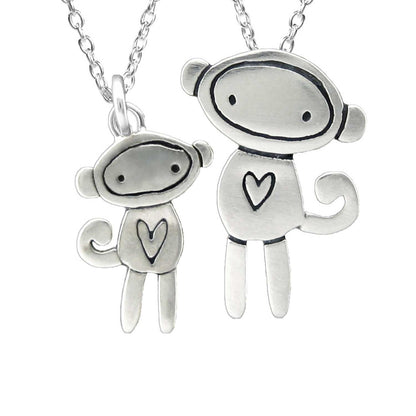 Sterling Silver Mother Daughter Sock Monkey Necklaces - Little Monkey Set