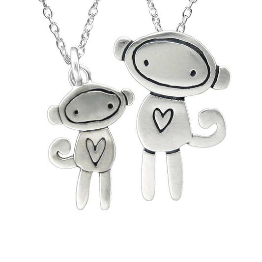 Sterling Silver Mother Daughter Sock Monkey Necklaces - Little Monkey Set