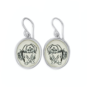 Pekingese Earrings - Sterling Silver and Enamel Dog Breed Gift - Puppy Portrait Dangle Jewelry