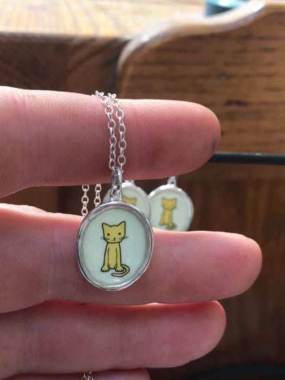 Yellow Cat Necklace in Sterling Silver and Enamel