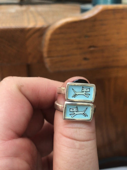 Jumping Cat Stacker Ring in Blue Enamel and Sterling Silver