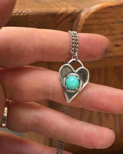 Sterling Silver Heart Necklace: Blue 8mm Turquoise on 24 Inch Stainless Curb Chain