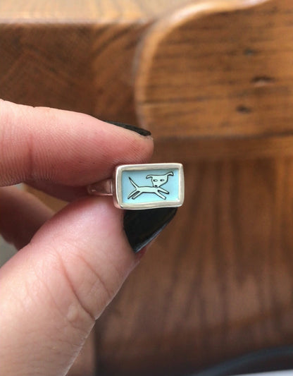 Jumping Dog Stacker Ring in Blue Enamel and Sterling Silver