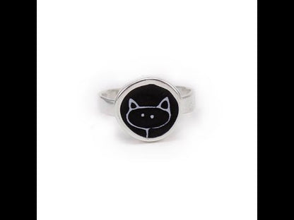 Sterling Silver and Enamel Round Stick Kitty Ring in Black and White - Cat Jewelry