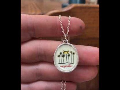 Imposter Cat Necklace - Sterling Silver and Enamel Cat in a Flower Bed Pendant