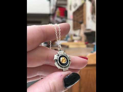 Faceted Citrine Pendant Set in Stylized Starburst Shadow Bezel on Adjustable Sterling Chain