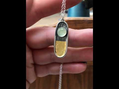 24 Karat Gold and Sterling Silver Pendant Necklace with Bezel Set Green Prehnite