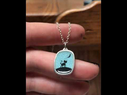 Night Cat Silhouette Pendant - Sterling Silver and Enamel Necklace