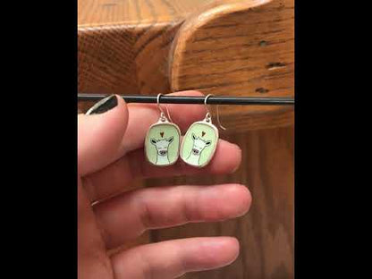 Sweet Cow on Green Enamel and Sterling Silver Dangle Earrings