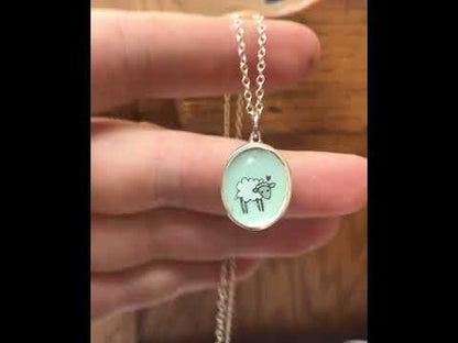 Little Sheep on Robin's Egg Blue Enamel and Sterling Silver Necklace