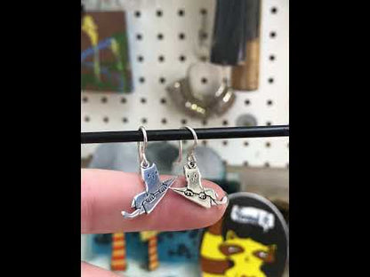 Flying Cat Charm Earrings - Kitty in a Plane Sterling Silver Dangles - Moving Gift for Cat Owner