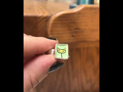 Yellow and Green Shifty Cat Sterling Silver and Enamel Ring