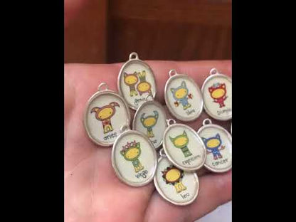 Sterling Silver and Vitreous Enamel Zodiac Necklaces in a Cat-like Style