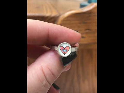Tiny Little Cat in a Heart Ring - Sterling Silver and Enamel Pink and Blue Stick Kitty Stacker Ring