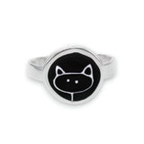 Sterling Silver and Enamel Round Stick Kitty Ring in Black and White - Cat Jewelry