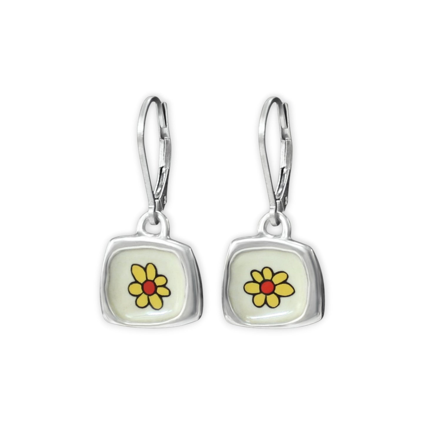 Daisy Flower Earrings - Sterling Silver and Enamel Flower Earrings on Lever Back Ear Wires - Flower Power!