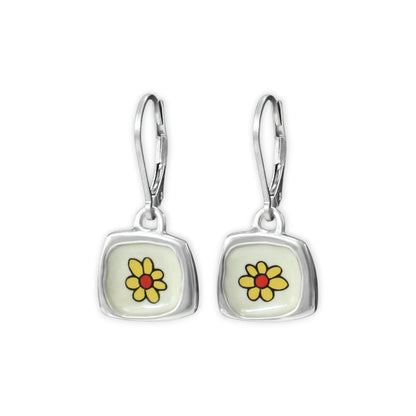 Daisy Flower Earrings - Sterling Silver and Enamel Flower Earrings on Lever Back Ear Wires - Flower Power!