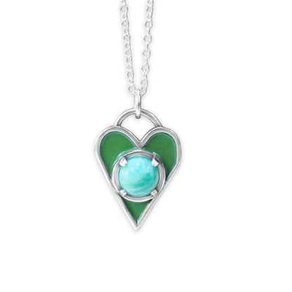 Enamel and Sterling Heart Necklace with Chrysocolla - Earthy Green and Blue Pendant on Adjustable Chain