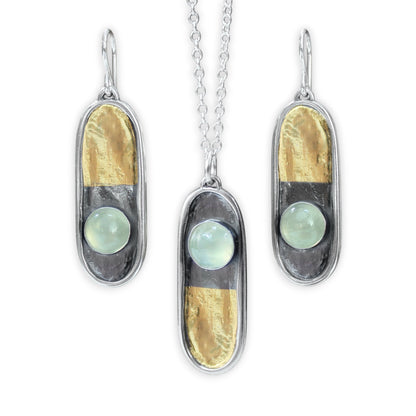 24 Karat Gold and Sterling Silver Dangle Earrings with Bezel Set Green Prehnite