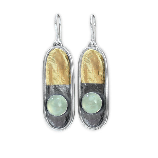 24 Karat Gold and Sterling Silver Dangle Earrings with Bezel Set Green Prehnite