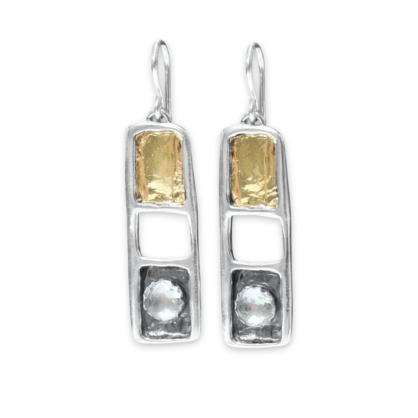 White Topaz, 24K Gold and Sterling Silver Dangles - Modern Design Earrings