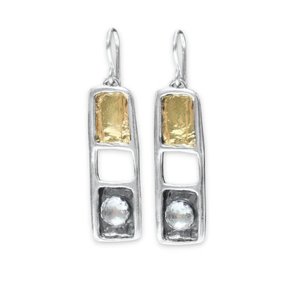 White Topaz, 24K Gold and Sterling Silver Dangles - Modern Design Earrings