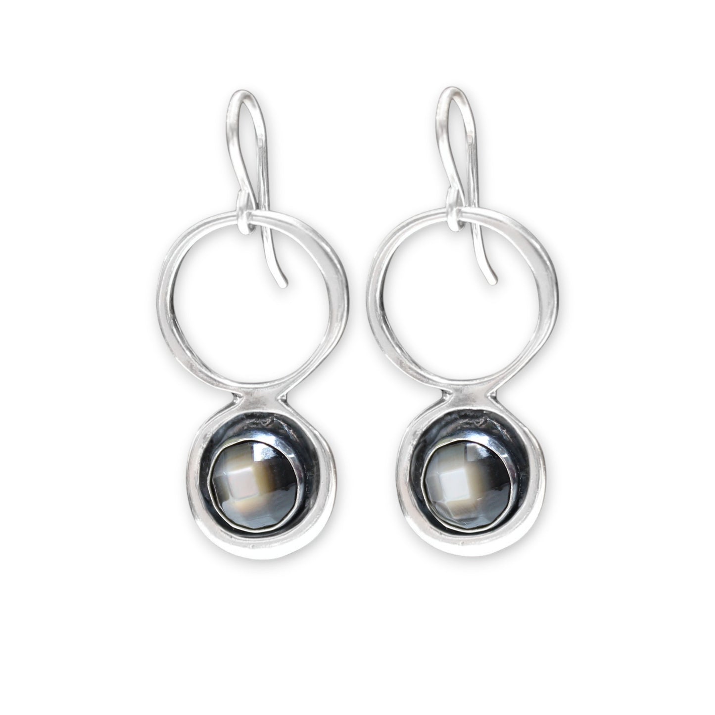 Sterling Silver and Mother of Pearl Dangle Earrings - Mid-Century Modern