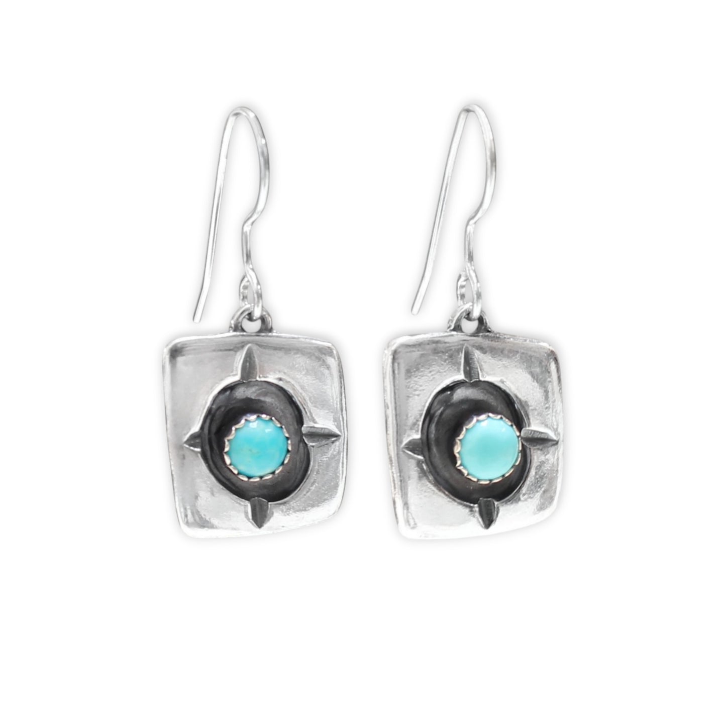 Rustic Shadow Box Turquoise Earrings with Geometric Detail
