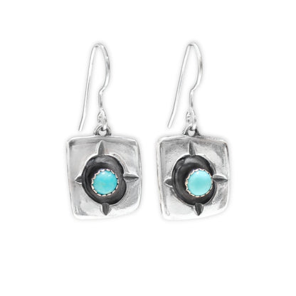 Rustic Shadow Box Turquoise Earrings with Geometric Detail