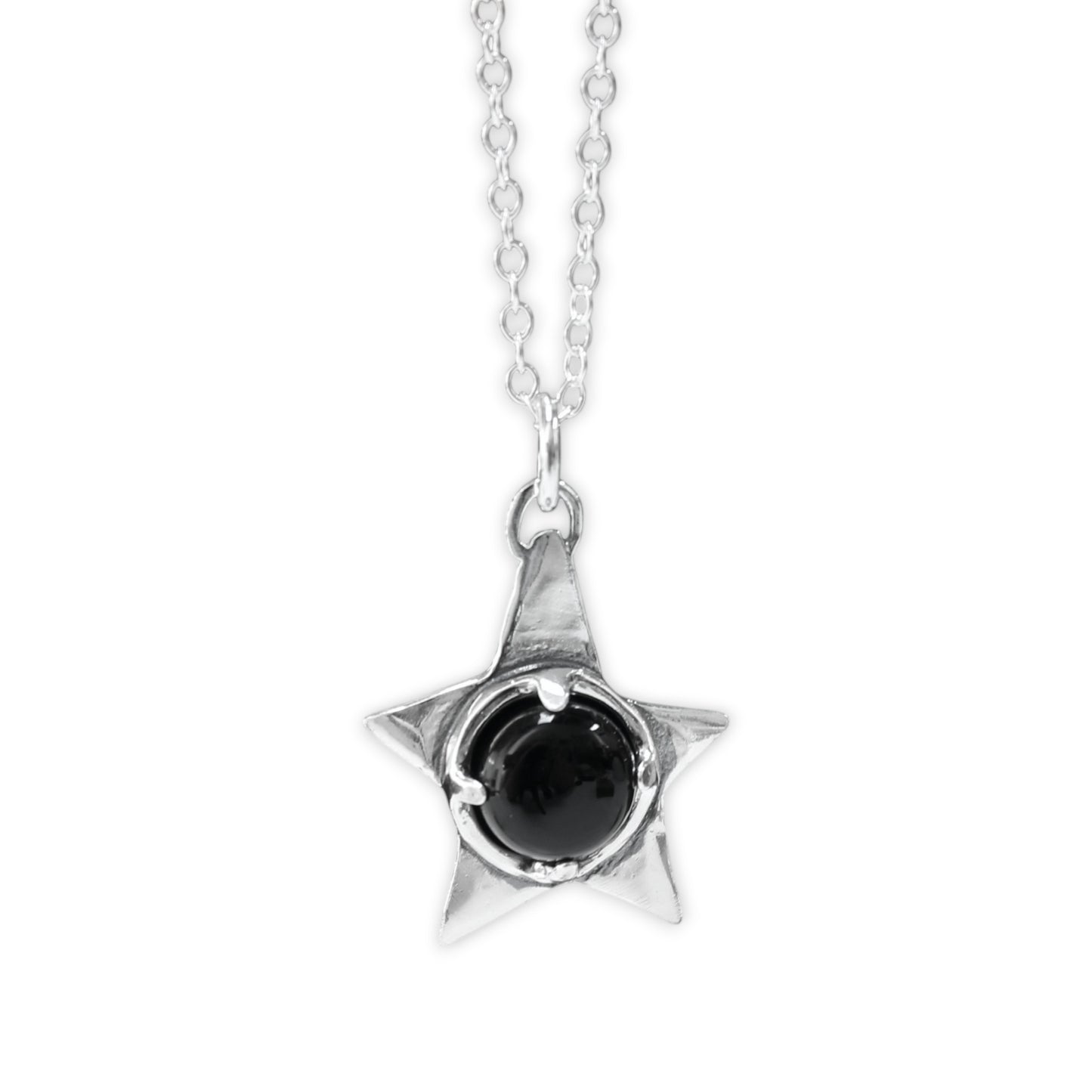 Prong Set Black Onyx and Sterling Silver Star Rustic Pendant Necklace