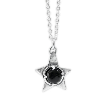 Prong Set Black Onyx and Sterling Silver Star Rustic Pendant Necklace