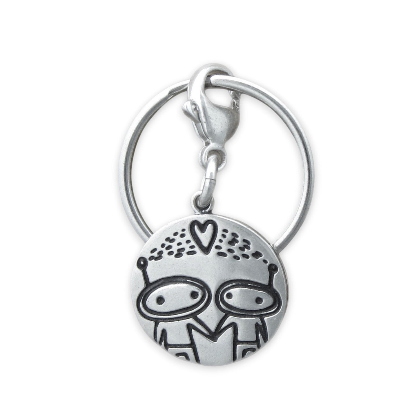 Sterling Silver Aliens in Love Keychain - Cute Rocket Ship Astronaut Key Fob - Alien Family Gift for Men and Women