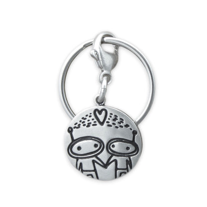 Sterling Silver Aliens in Love Keychain - Cute Rocket Ship Astronaut Key Fob - Alien Family Gift for Men and Women