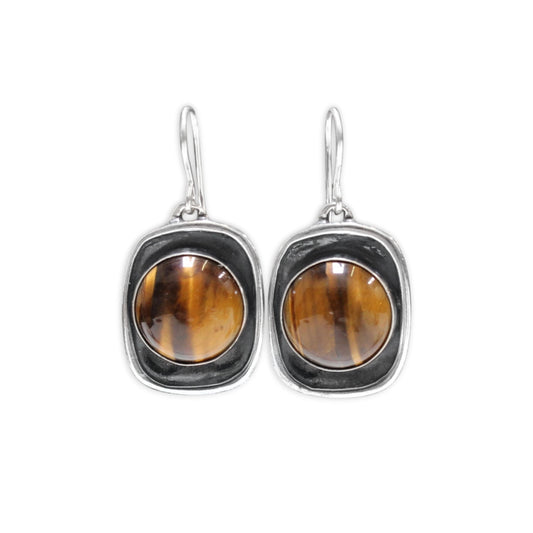 Tiger's Eye Earrings in Modern Sterling Silver Shadow Box Setting