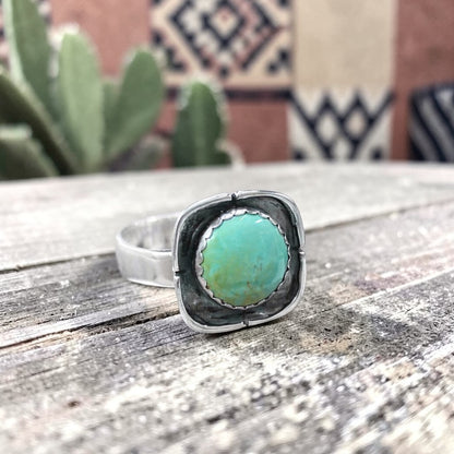 Sterling Silver and Blue Green Kingman Turquoise Ring - Southwest Shadowbox Style