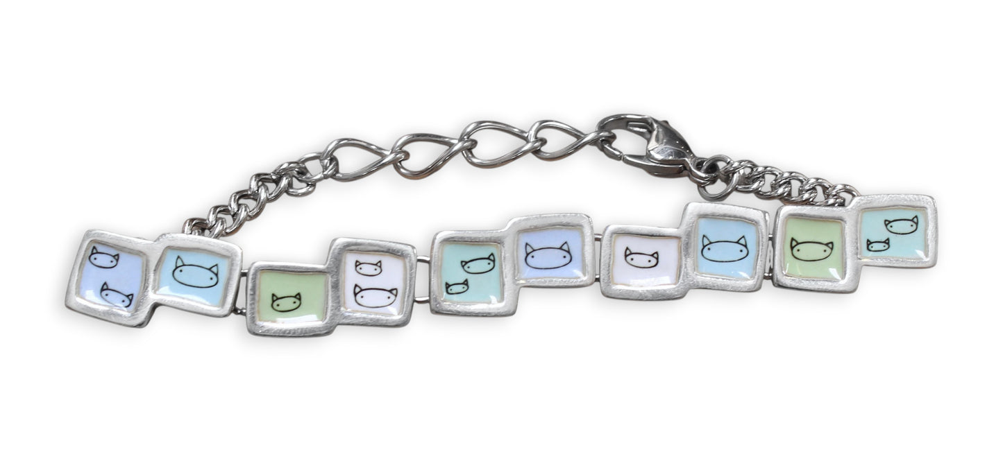 Pastel Blue and Green Cat Face Link Bracelet in Sterling Silver and Enamel