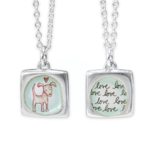 Reversible Love Dog Necklace - Sterling Silver and Enamel Puppy Love Pendant