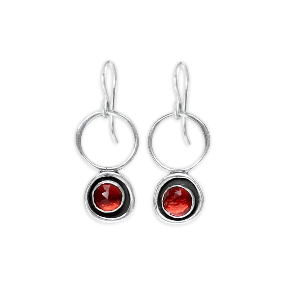 Modern Garnet Circle Earrings - Rose Cut Garnet and Sterling Silver Dangle Earrings