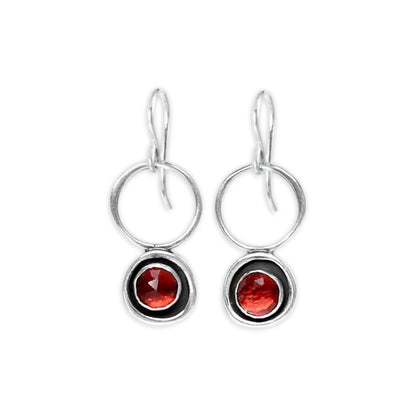 Modern Garnet Circle Earrings - Rose Cut Garnet and Sterling Silver Dangle Earrings